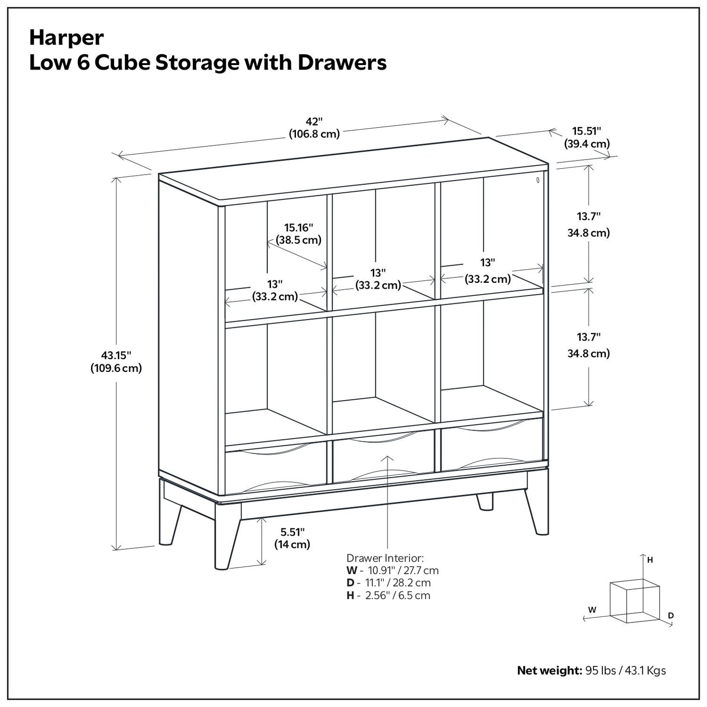 Harper - Mueble de almacenaje bajo de 6 cubos con cajones - Marrón nogal