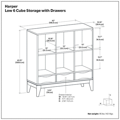Harper - Mueble de almacenaje bajo de 6 cubos con cajones - Marrón nogal