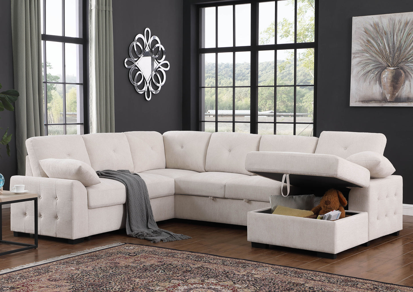 Nyhan - Seccional de esquina tapizado con sofá extraíble y chaise longue con espacio de almacenaje