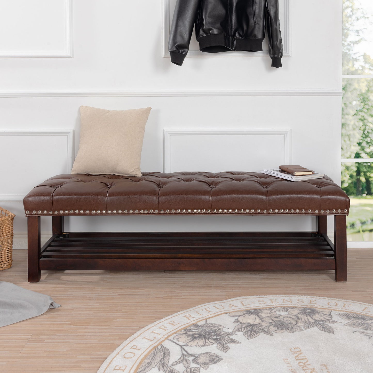 Bedroom End Of Bed Bench Tufted Upholstered End Of Bed Bench End Of Bed Entrance Shoe Bench With Nailhead Trim And Shelf Bedroom Upholstered Bench Living Room Shoe Rack Footstool
