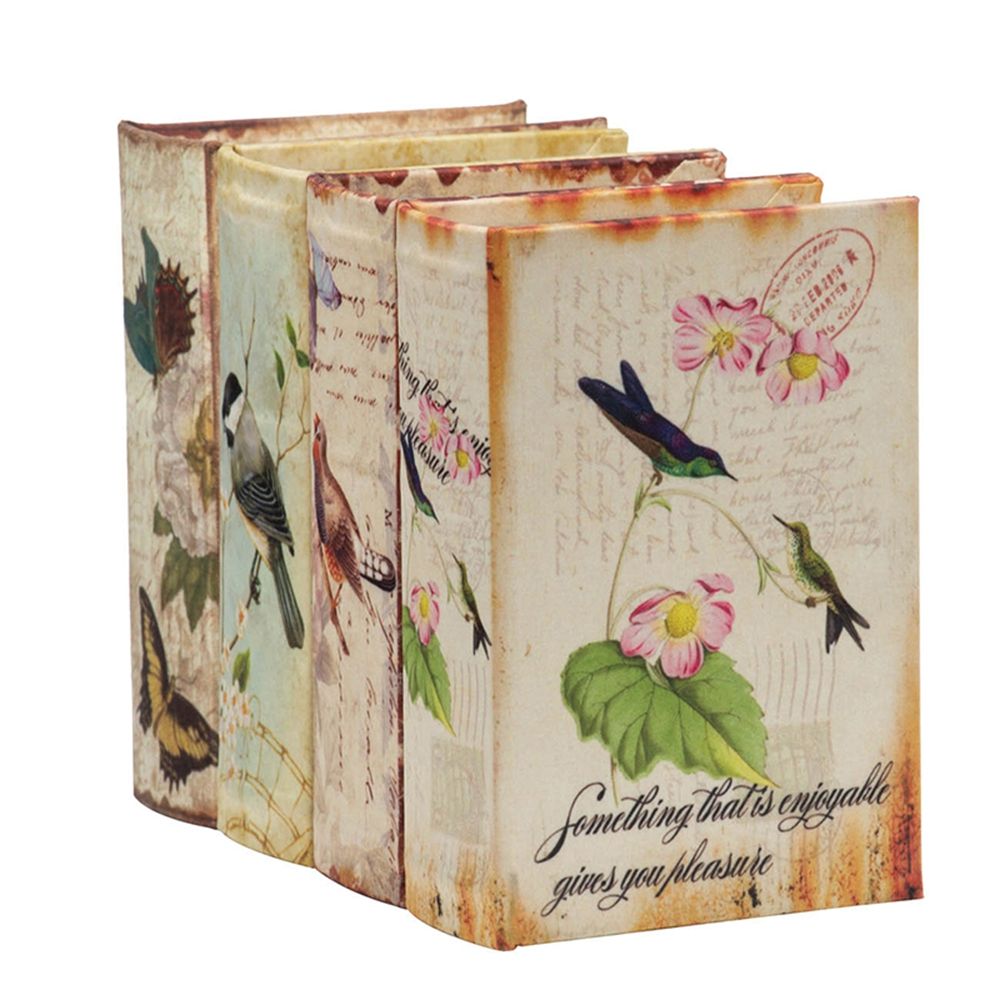 Cajas de libros con diseño de pájaros, flores y escritura a mano (juego de 4) - Multicolor