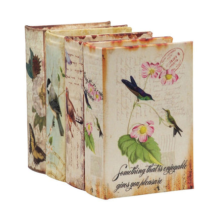 Cajas de libros con diseño de pájaros, flores y escritura a mano (juego de 4) - Multicolor