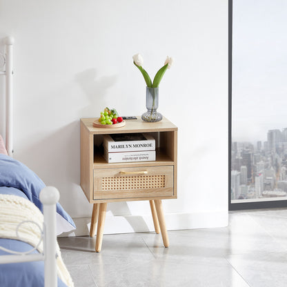 Mesa auxiliar de ratán de 40 cm con toma de corriente y puertos USB, mesita de noche moderna con cajón y patas de madera maciza, mesa auxiliar para sala de estar y dormitorio.