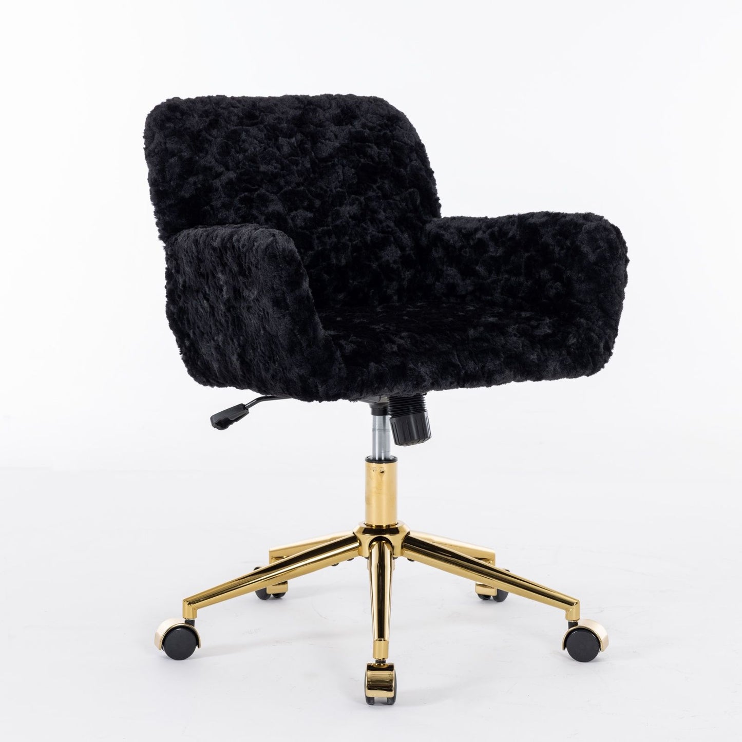 Silla de oficina con pelo artificial de conejo y base de metal dorado, ajustable, giratoria y de tocador.