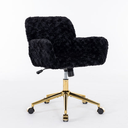 Silla de oficina con pelo artificial de conejo y base de metal dorado, ajustable, giratoria y de tocador.