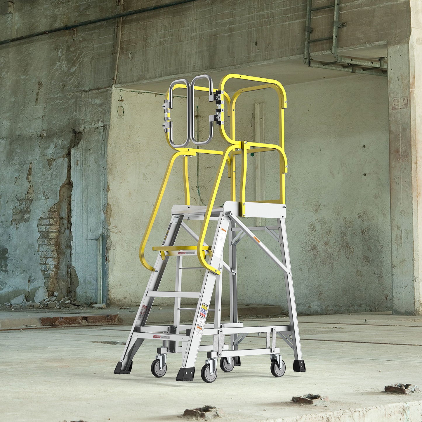 Heavy Duty Aluminum Rolling Platform Ladder With Steps, 375Lbs Capacity