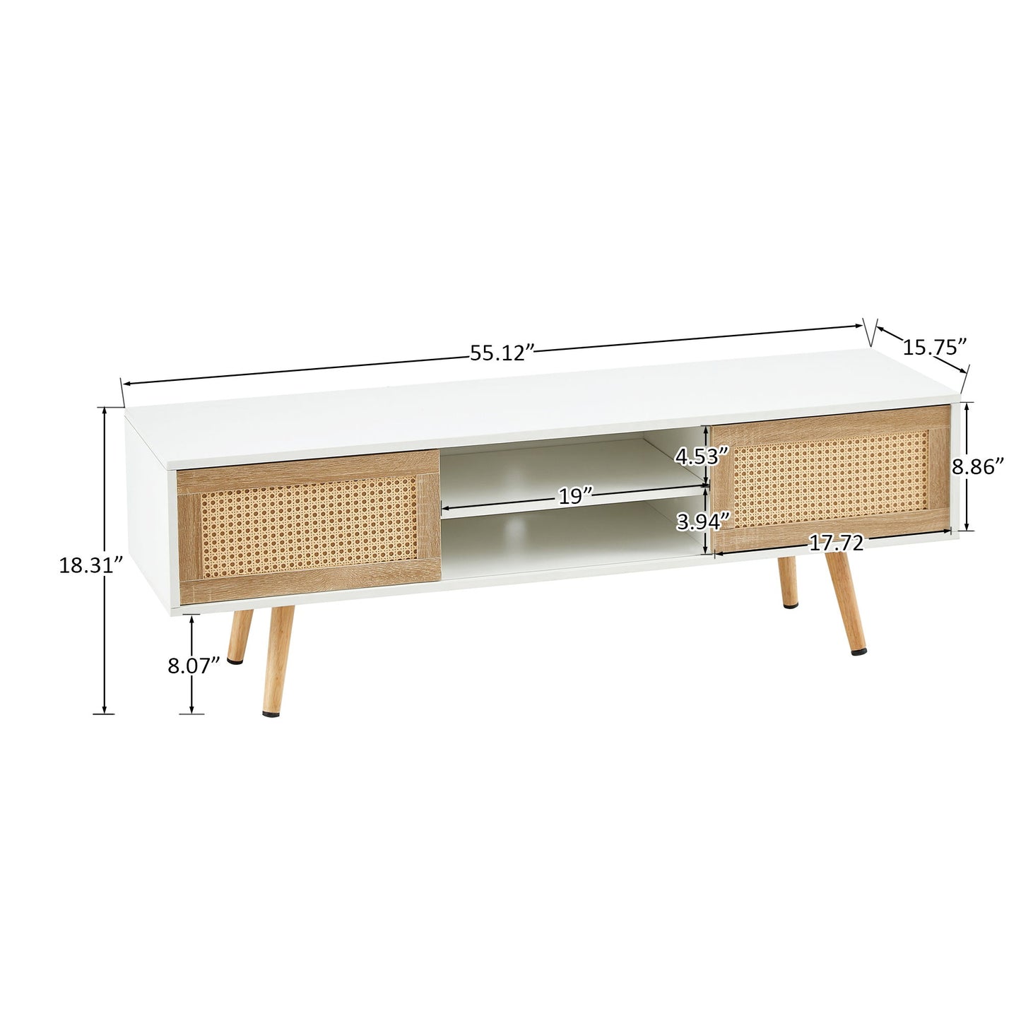 Mueble de TV de ratán de 140 cm con puertas corredizas dobles para almacenamiento, estante ajustable y patas de madera maciza. Consola de TV para sala de estar.