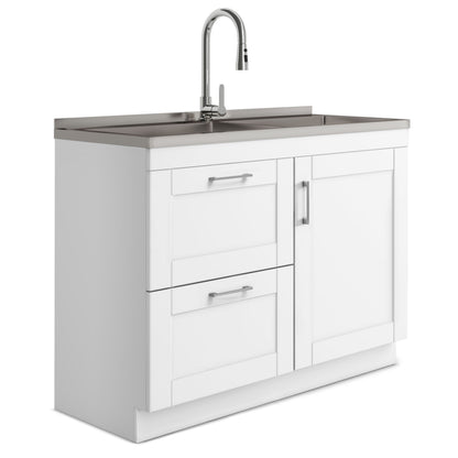 Mueble de lavandería moderno y amplio Shaker con grifo y fregadero de acero inoxidable, color blanco