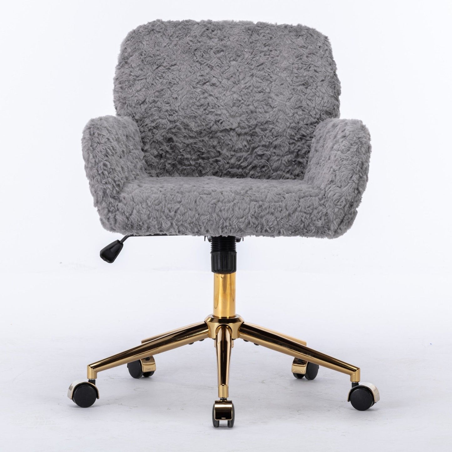 Silla de oficina con pelo artificial de conejo y base de metal dorado, ajustable, giratoria y de tocador.