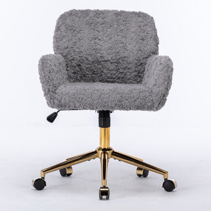 Silla de oficina con pelo artificial de conejo y base de metal dorado, ajustable, giratoria y de tocador.