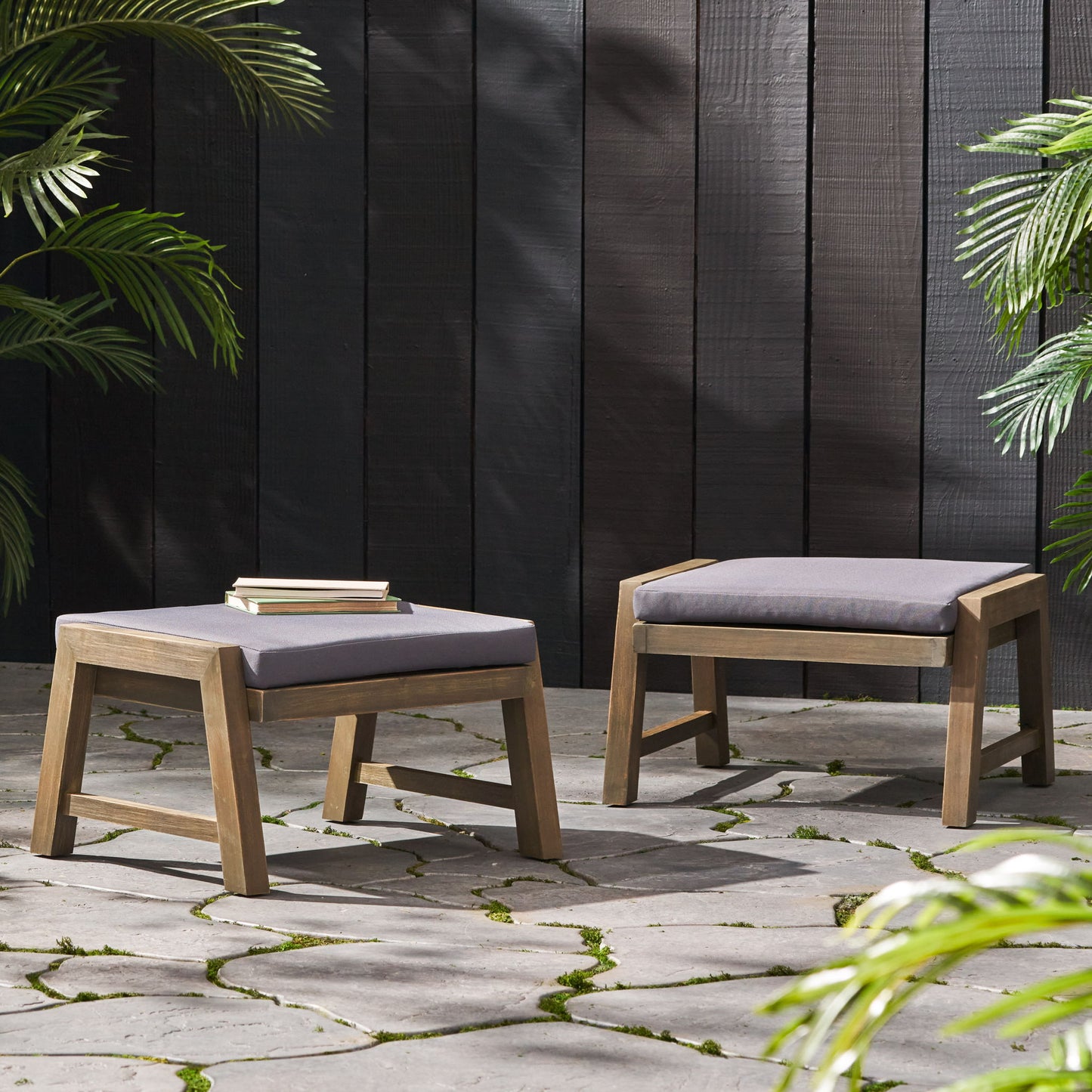 Acacia Wood Outdoor Ottomans With Cushion, (Set of 2)