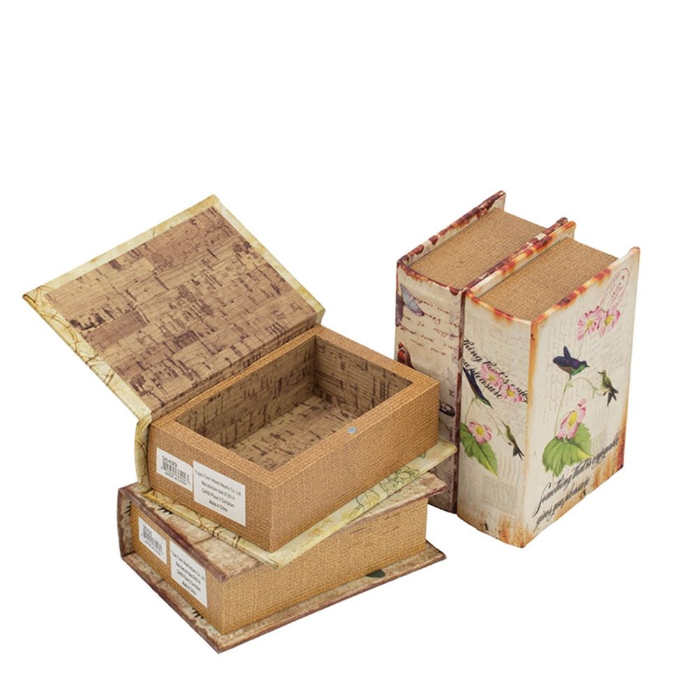 Cajas de libros con diseño de pájaros, flores y escritura a mano (juego de 4) - Multicolor