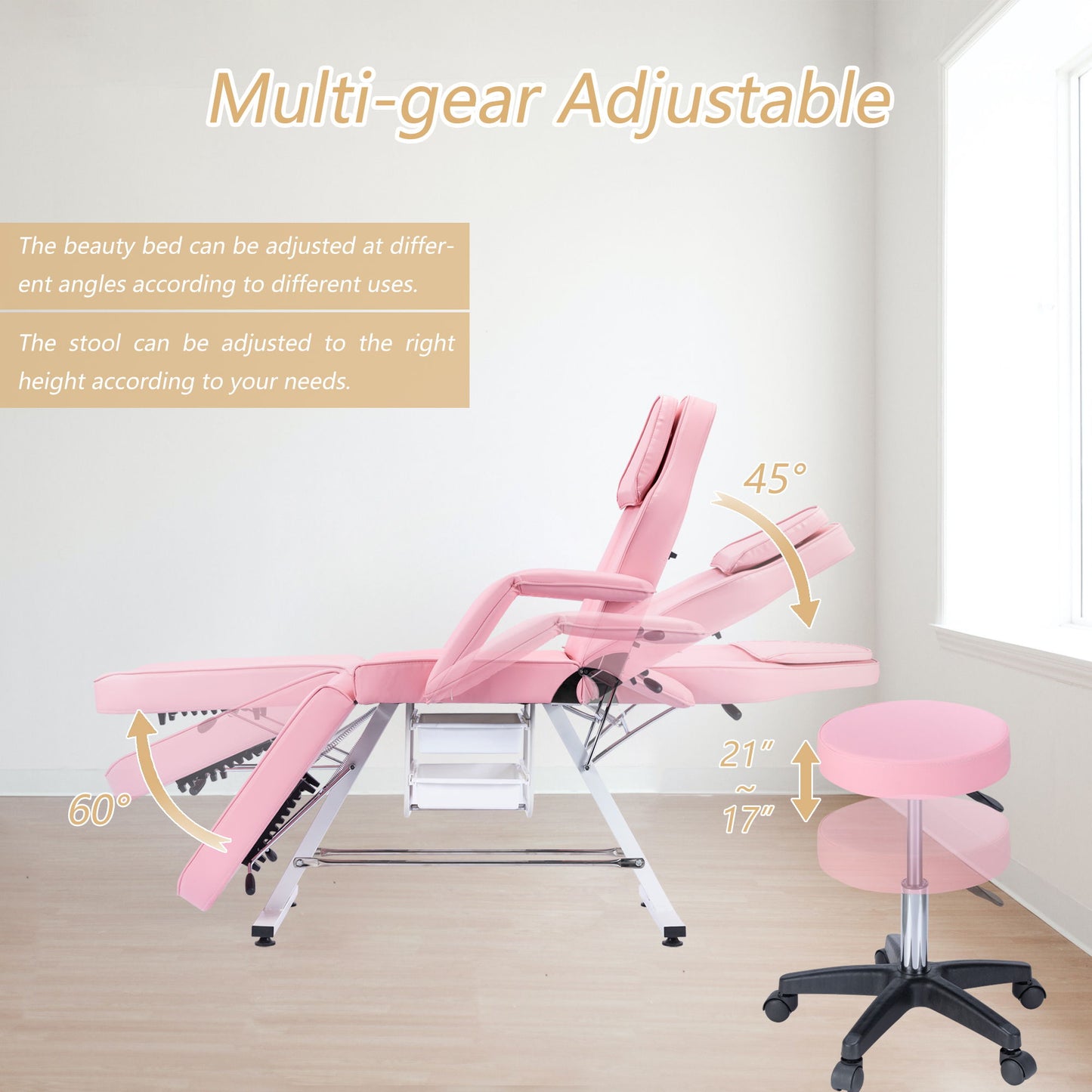 Sillón de masajes para tatuajes de 183 cm con dos bandejas, camilla de esteticista con taburete hidráulico, mesa facial multiusos de 3 secciones, equipo de belleza ajustable para barbería, spa y belleza.