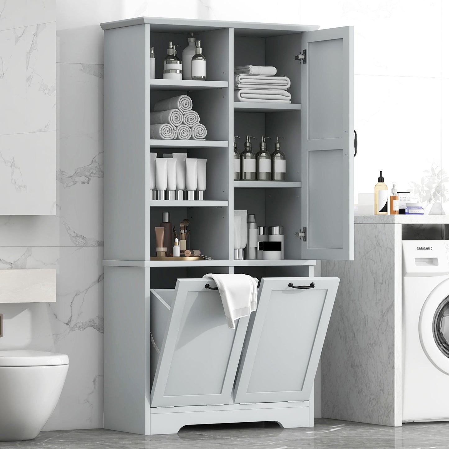 Bathroom Storage Cabinet With Doors And Drawers, Tilt Out Laundry Hamper, Multiple Storage Space, Freestanding Style, Open Shelve, Adjustable Shelf - Gray