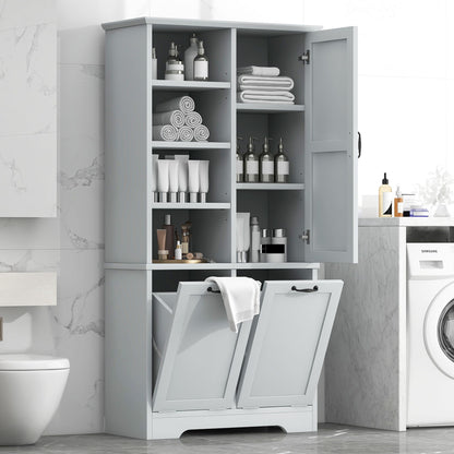 Bathroom Storage Cabinet With Doors And Drawers, Tilt Out Laundry Hamper, Multiple Storage Space, Freestanding Style, Open Shelve, Adjustable Shelf - Gray