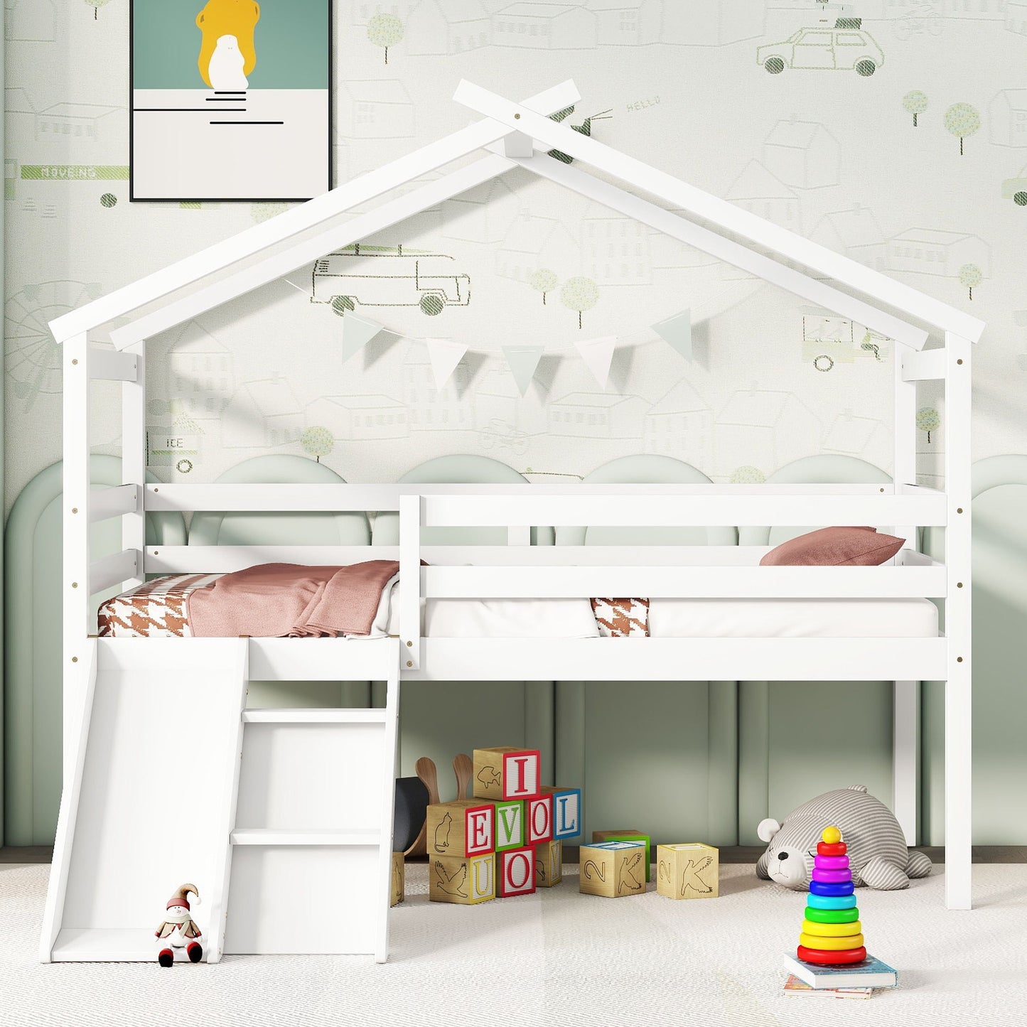 Cama tipo loft con tobogán, escalera, barandillas de seguridad y estructura de techo.