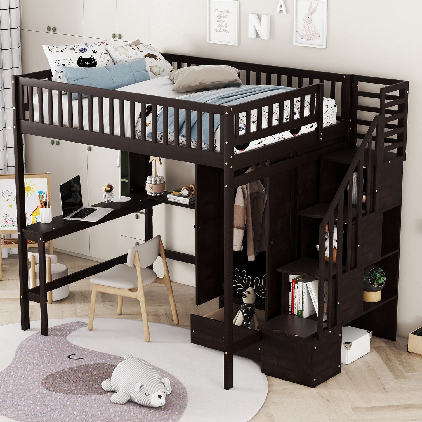 Loft Bed With Bookshelf, Drawers, Desk, And Wardrobe