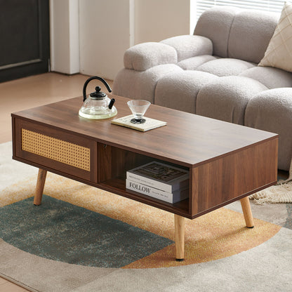 Mesa de centro de ratán de 105 cm, puerta corrediza para almacenaje, patas de madera maciza, mesa moderna para sala de estar.