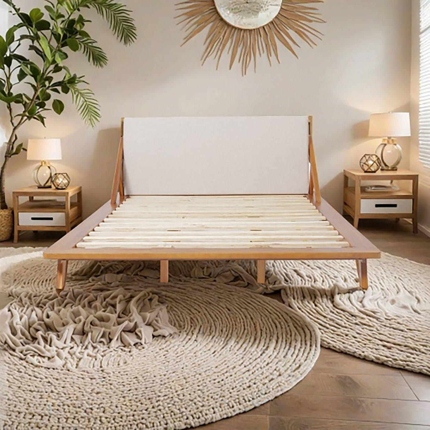Okioki - Charleston Fabric Upholstered Acacia Wood Bed