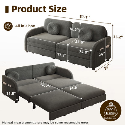 Upholstered Pull Out Couch With Side Pocket & USB Port