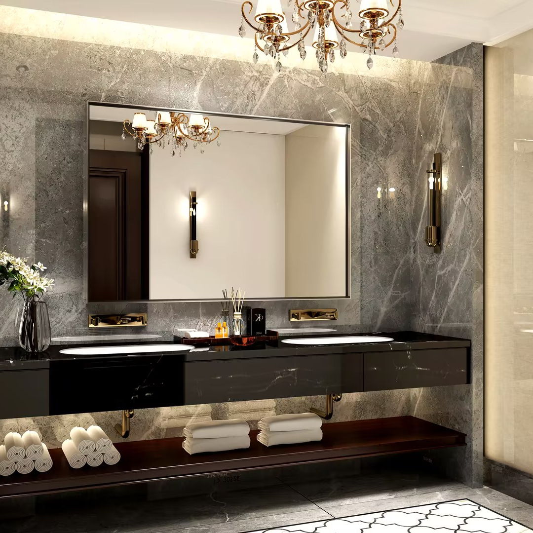 Espejo de baño rectangular plateado con bisel y marco de metal de ángulo cuadrado (101 x 76 cm) para pared (horizontal y vertical) - Plateado
