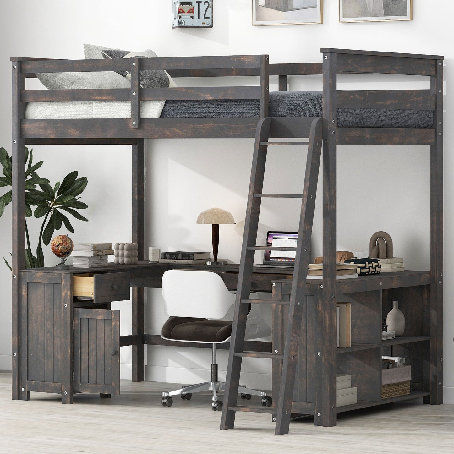 Loft Bed With U Shaped Desk, Drawers, And Storage Shelves