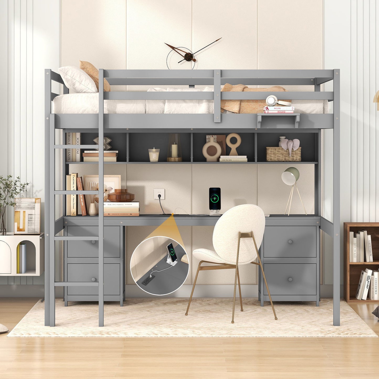 Loft Bed With Desk, Cabinets, Drawers, Charging Station And Bedside Tray