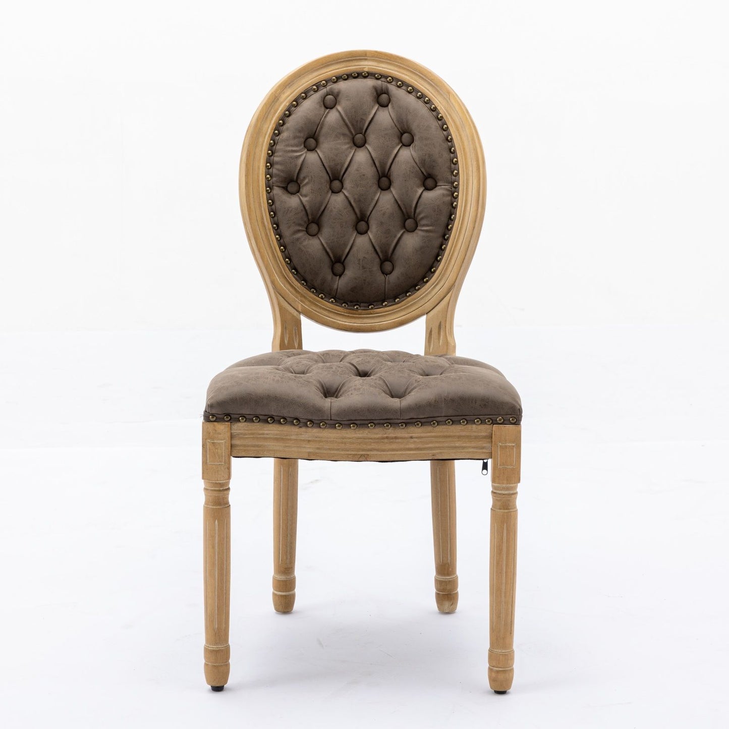 Silla de comedor de estilo francés con marco de madera maciza, pintura antigua, hebillas hechas a mano, cuero sintético de PU, ribete de tachuelas y patas de madera.