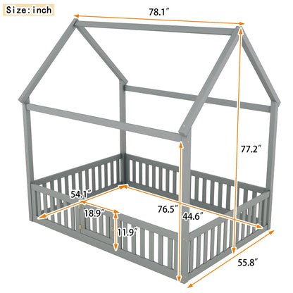 Wood House Bed With Fence And Door
