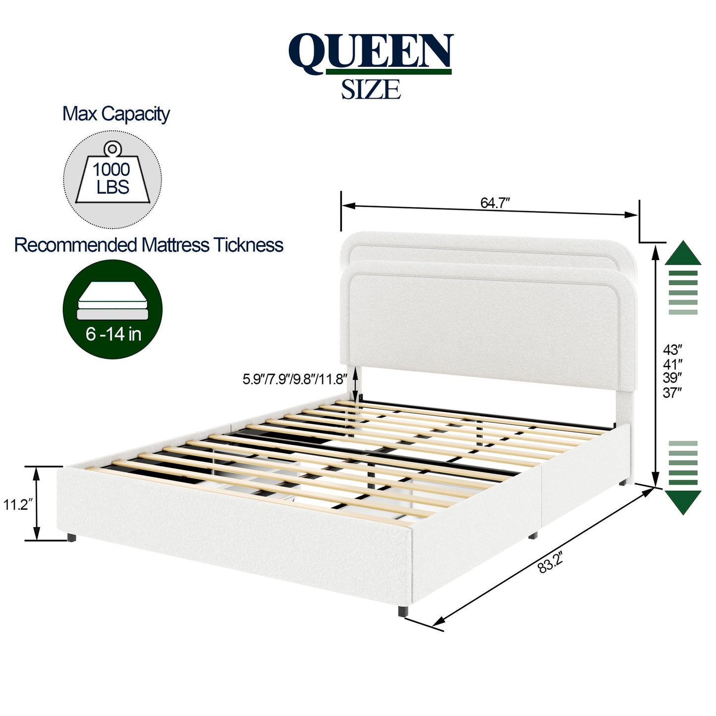 Liv - Cama tapizada con plataforma de almacenamiento y cajones patentada