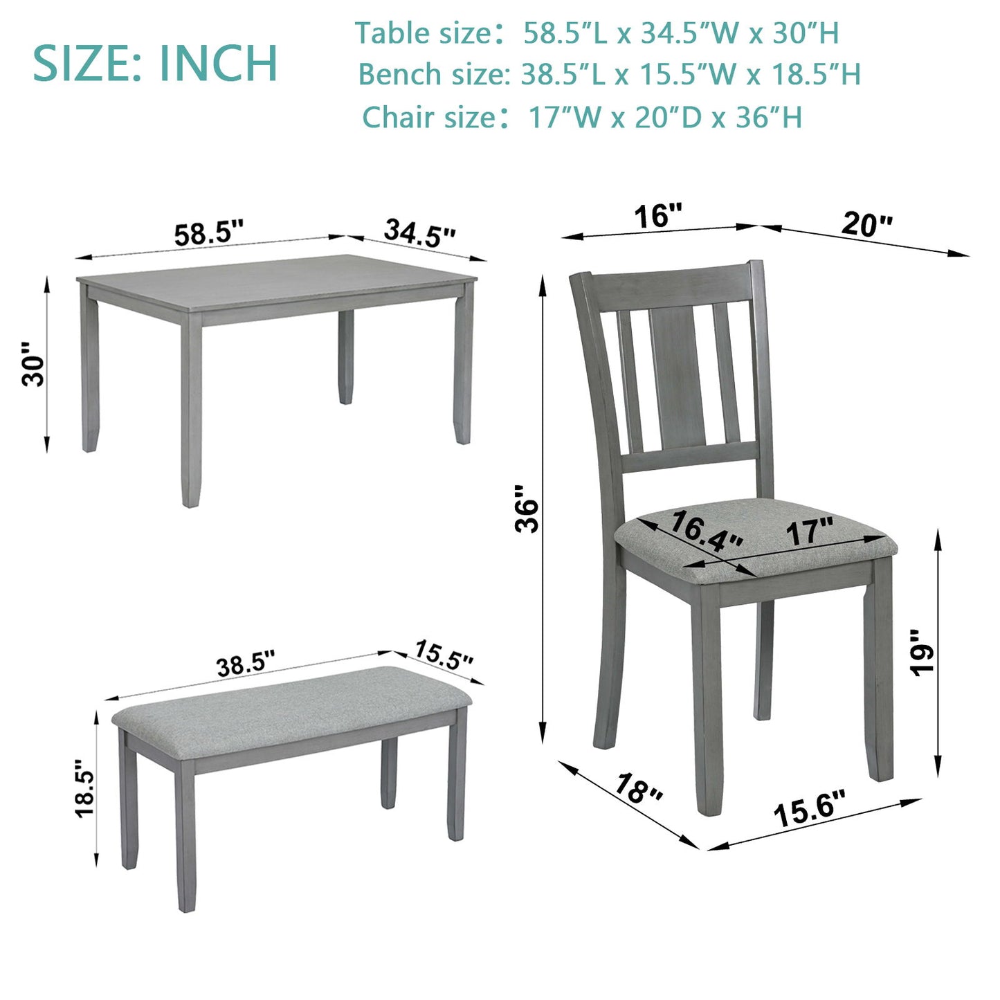 6 Pieces Kitchen Dining Set, Rectangular Wooden Dining Table With 4 Upholstered Chairs And A Bench