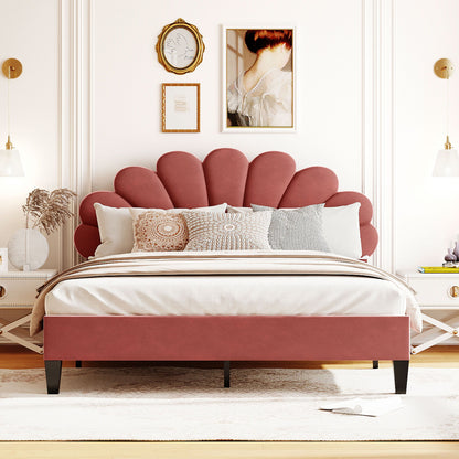 Cama de plataforma tapizada con cabecero de terciopelo con estampado floral