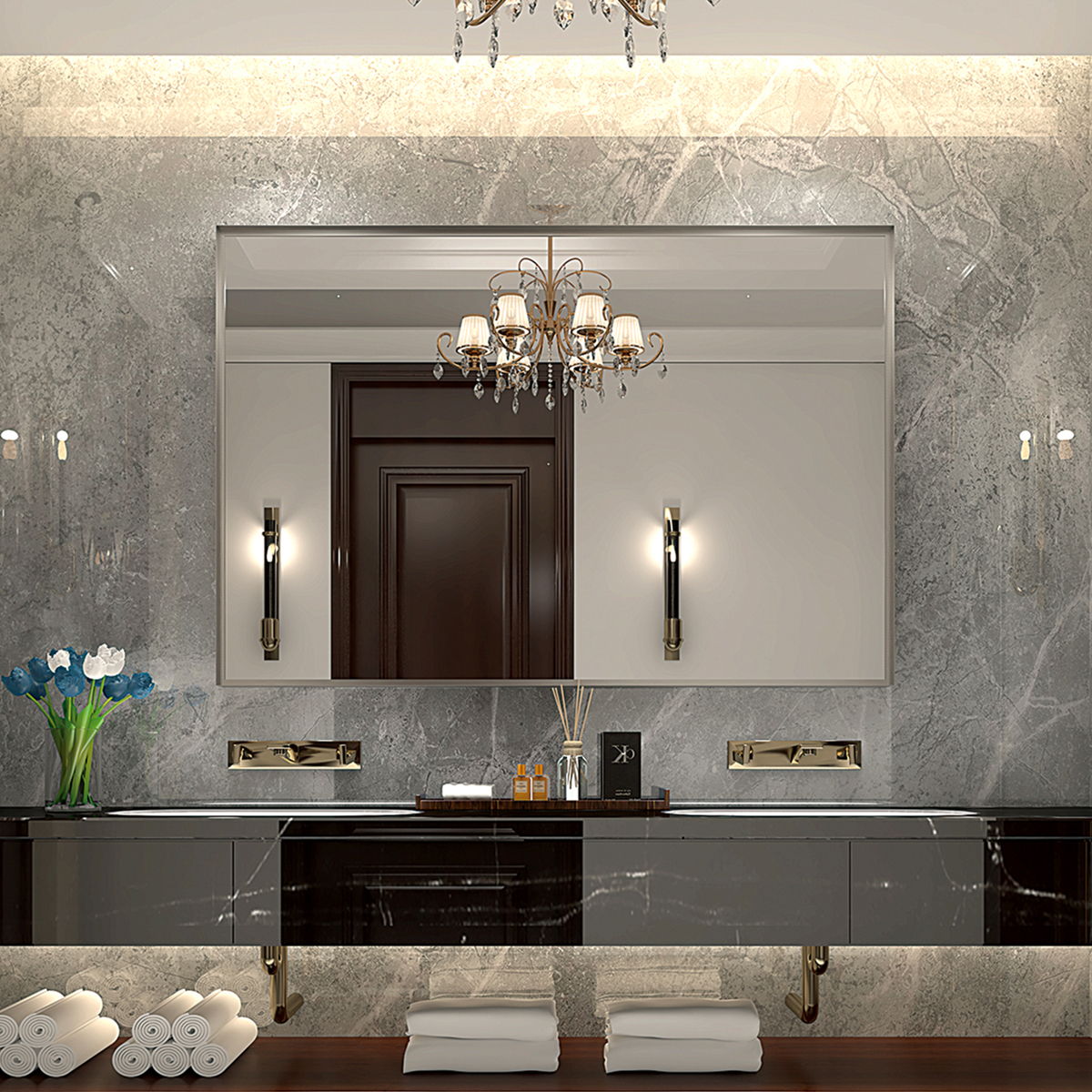 Espejo de baño rectangular plateado con bisel y marco de metal de ángulo cuadrado (101 x 76 cm) para pared (horizontal y vertical) - Plateado