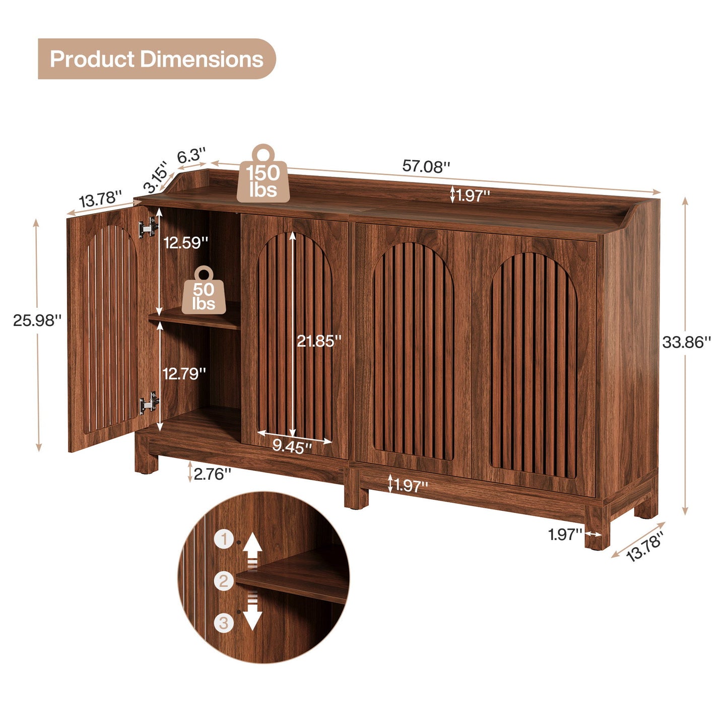 Sideboard Buffet Cabinet With 4 Doors & Shelves, Credenza Table For Dining Room - Brown