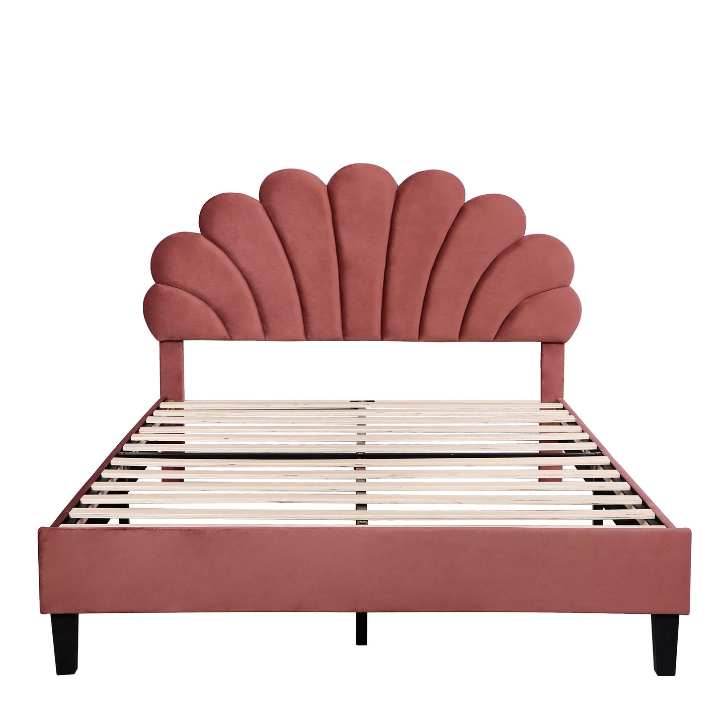 Cama de plataforma tapizada con cabecero de terciopelo con estampado floral