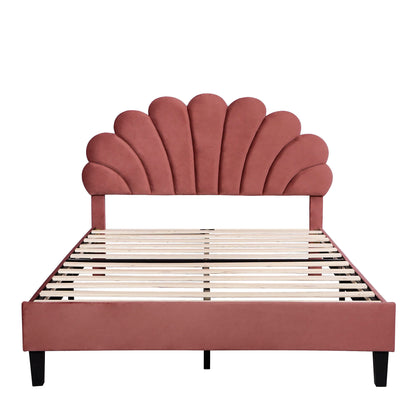 Cama de plataforma tapizada con cabecero de terciopelo con estampado floral