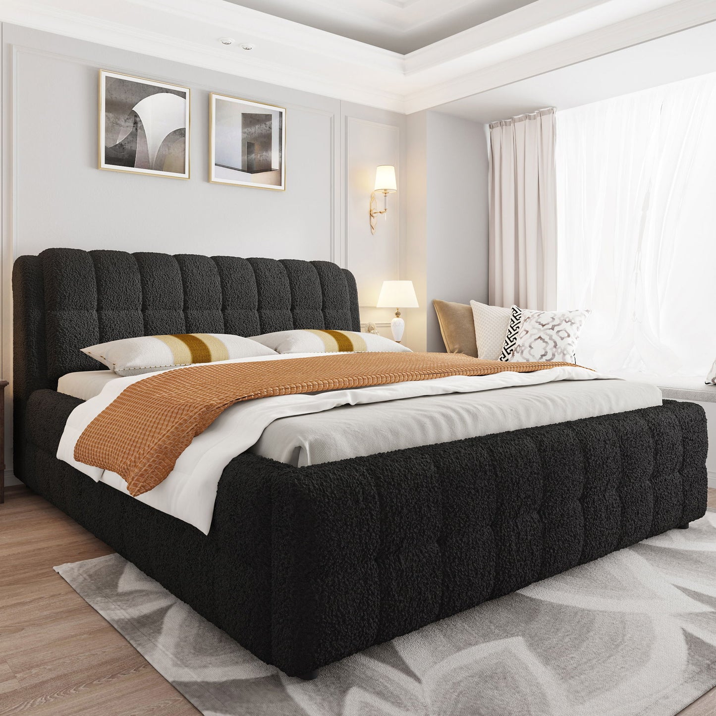 Upholstered Platform Bed With Stitching Details