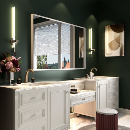Espejo de baño rectangular biselado de pared, con marco de metal cuadrado y ángulo recto (horizontal y vertical), blanco brillante.