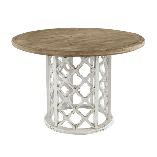 Mesa de comedor redonda de madera con base recortada y ornamentada - Marrón/Blanco antiguo