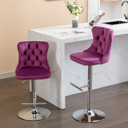 Taburetes giratorios de terciopelo con altura de asiento ajustable de 63 a 84 cm. Modernos taburetes de bar con base cromada y tapizados, cómodos y capitoné para el hogar, el pub y la isla de cocina (juego de 2).