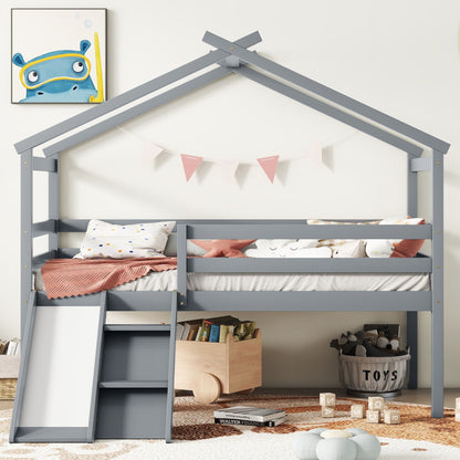 Cama tipo loft con tobogán, escalera, barandillas de seguridad y estructura de techo.