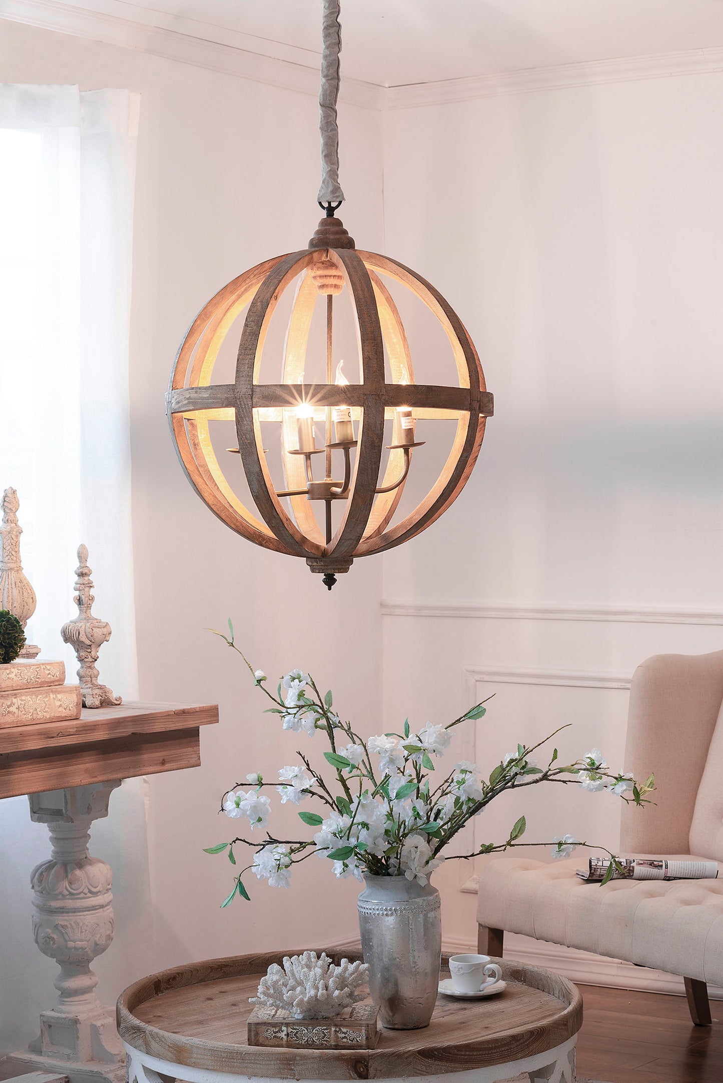 Lámpara de araña de madera de 4 luces, lámpara colgante con cadena ajustable para cocina, bombilla no incluida - Marrón