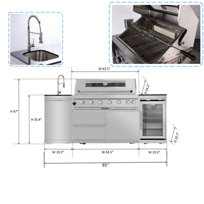 6 Burner 85, 000 Btu Deluxe Gas Outdoor Kitchen Island Grill With Wine Cooler Refrigerator, Rotisserie, Storage Cabinets & Drawers - Silver