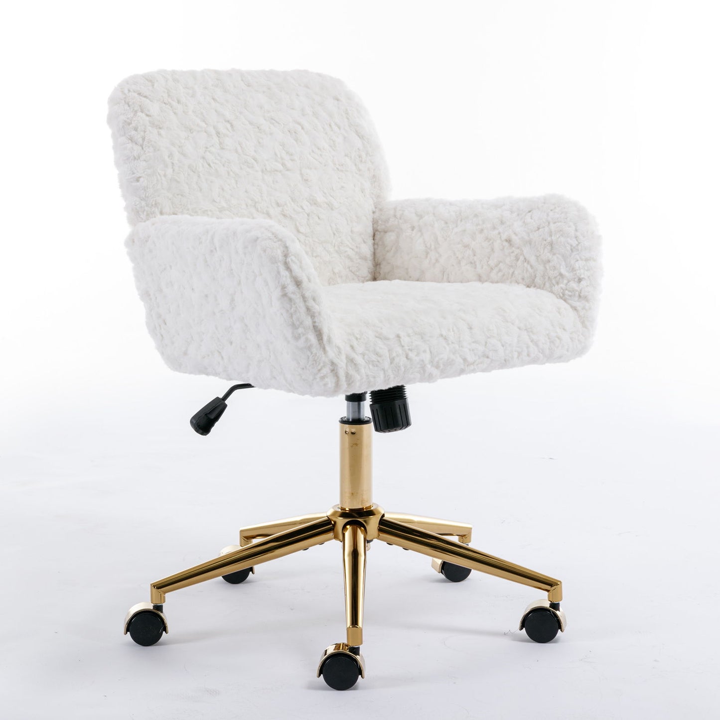 Silla de oficina con pelo artificial de conejo y base de metal dorado, ajustable, giratoria y de tocador.