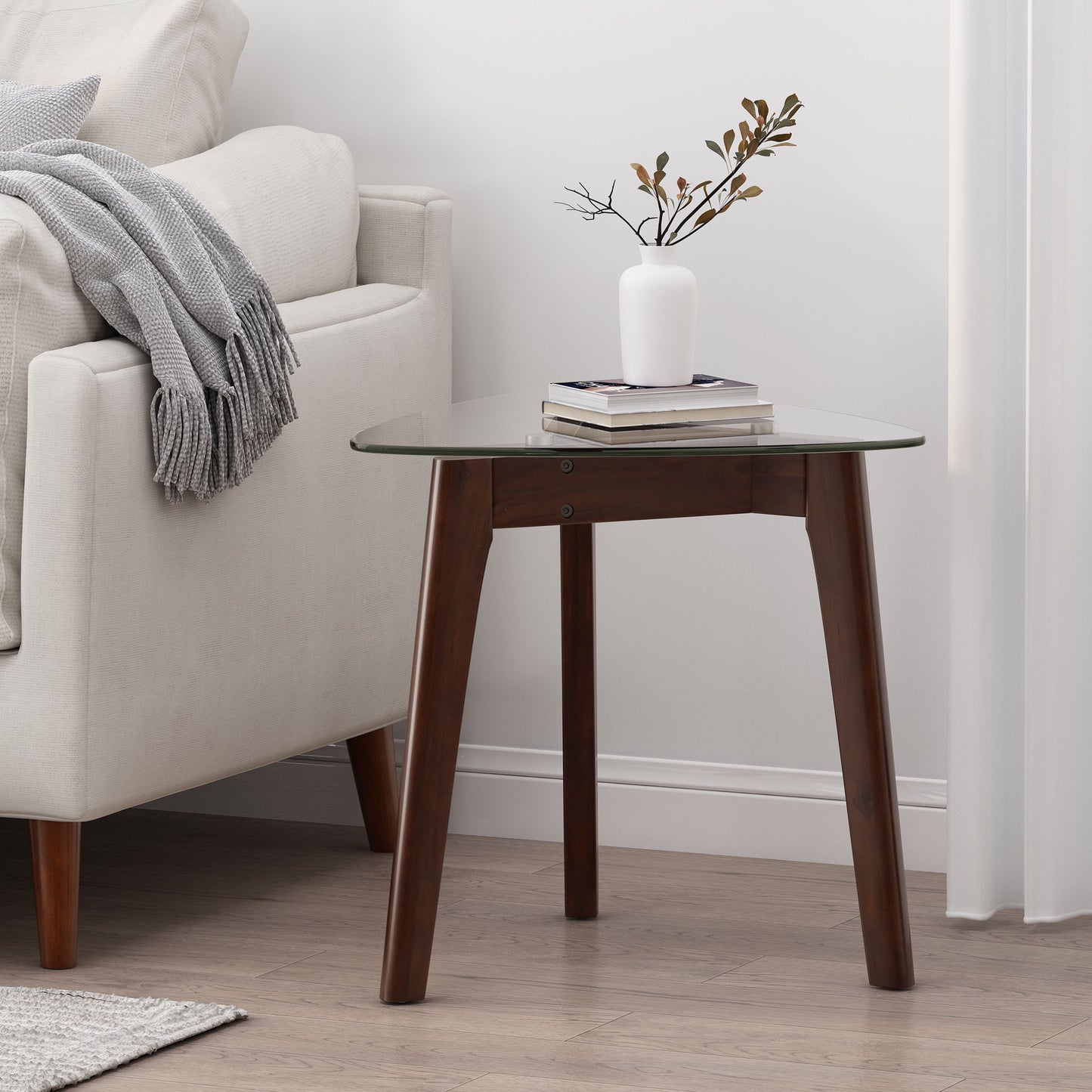 Mid Century Modern End Table With Glass Top And Solid Wood - Walnut
