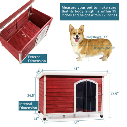 Caseta para perro de madera mediana para exterior, techo impermeable, suelo elevado y patas de plástico ajustables.