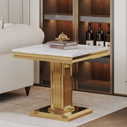 Marble Printed Top Rectangular End Table, Base With Mirrored Finish