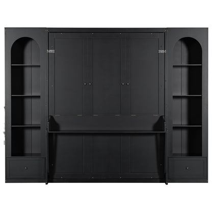 French Style Murphy Platform Bed With Shelf, Side Cabinets, Drawers And LED