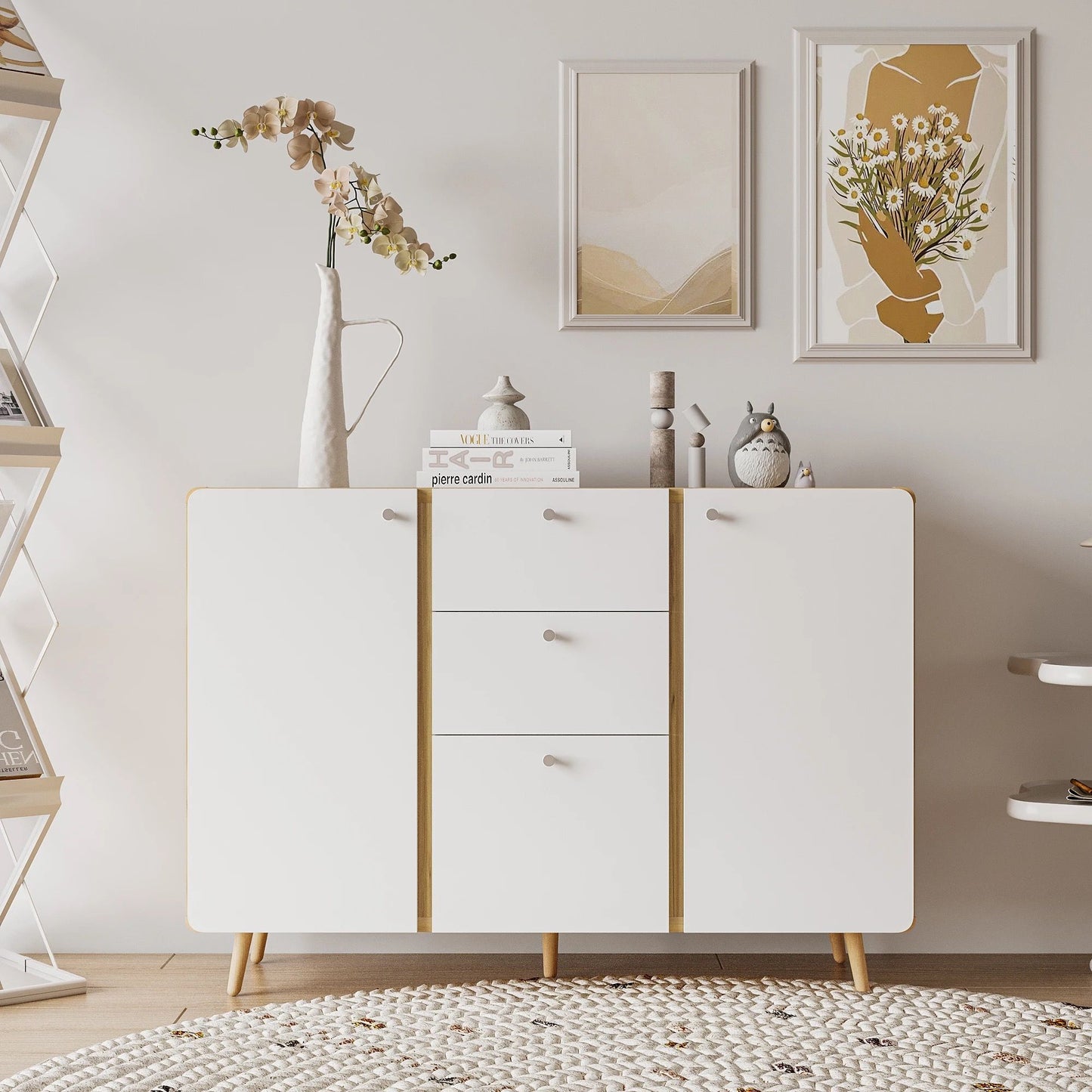 Aparador con 3 cajones y 2 puertas, con estantes ajustables para salón, comedor, pasillo y cocina, color blanco.