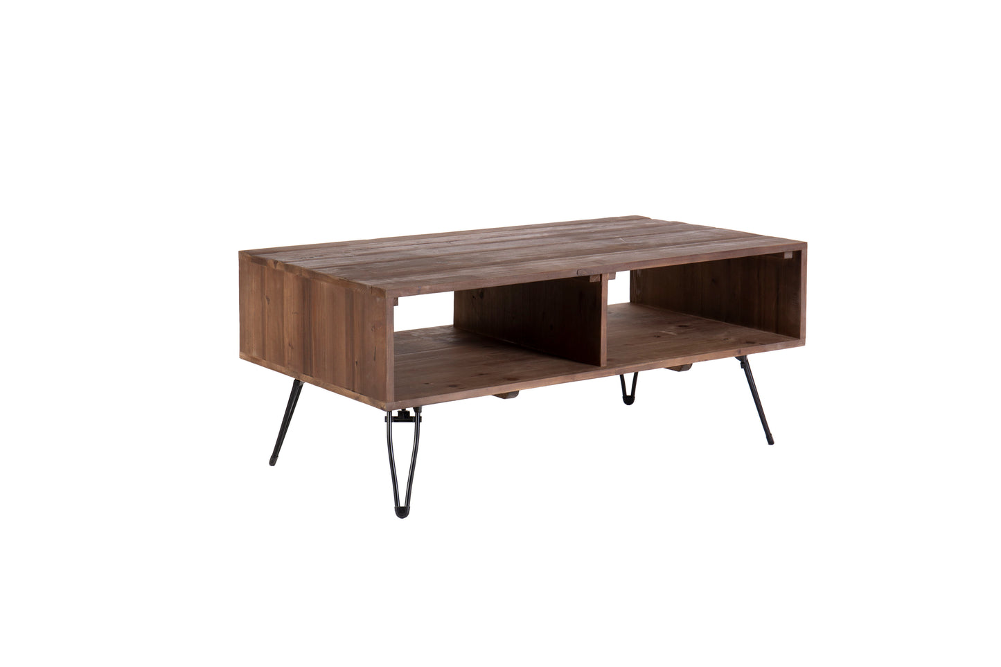 Mesa de centro de madera recuperada con espacio de almacenamiento abierto para salón, patas de metal, plegable - Negro/Natural